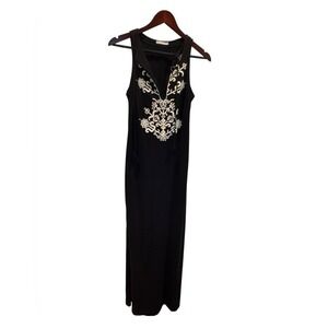 Dress To Black Embroidered Maxi Dress XS PP Boho Sleeveless Slit Brazil